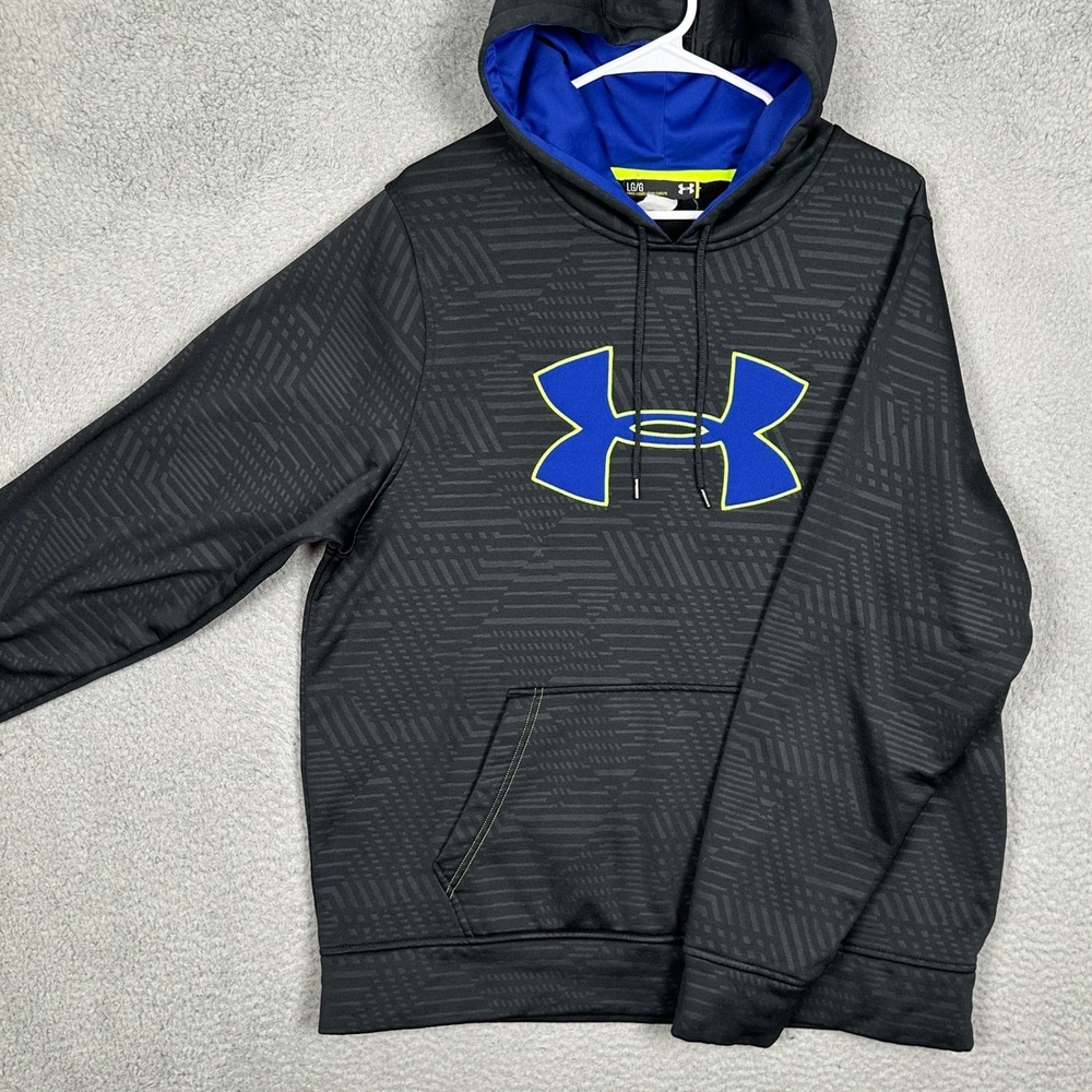 Under Armour Hoodie Mens Large Black Blue Logo Geometric Pullover Sweatshirt